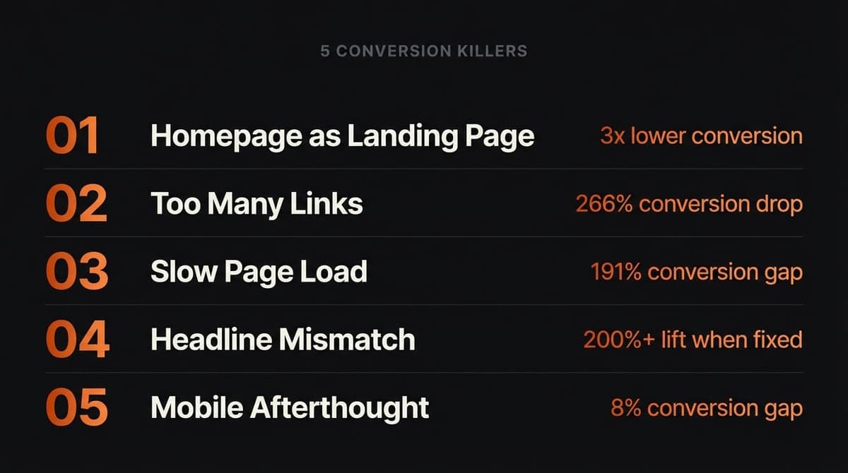5 landing page conversion killers: homepage as LP, too many links, slow speed, headline mismatch, poor mobile