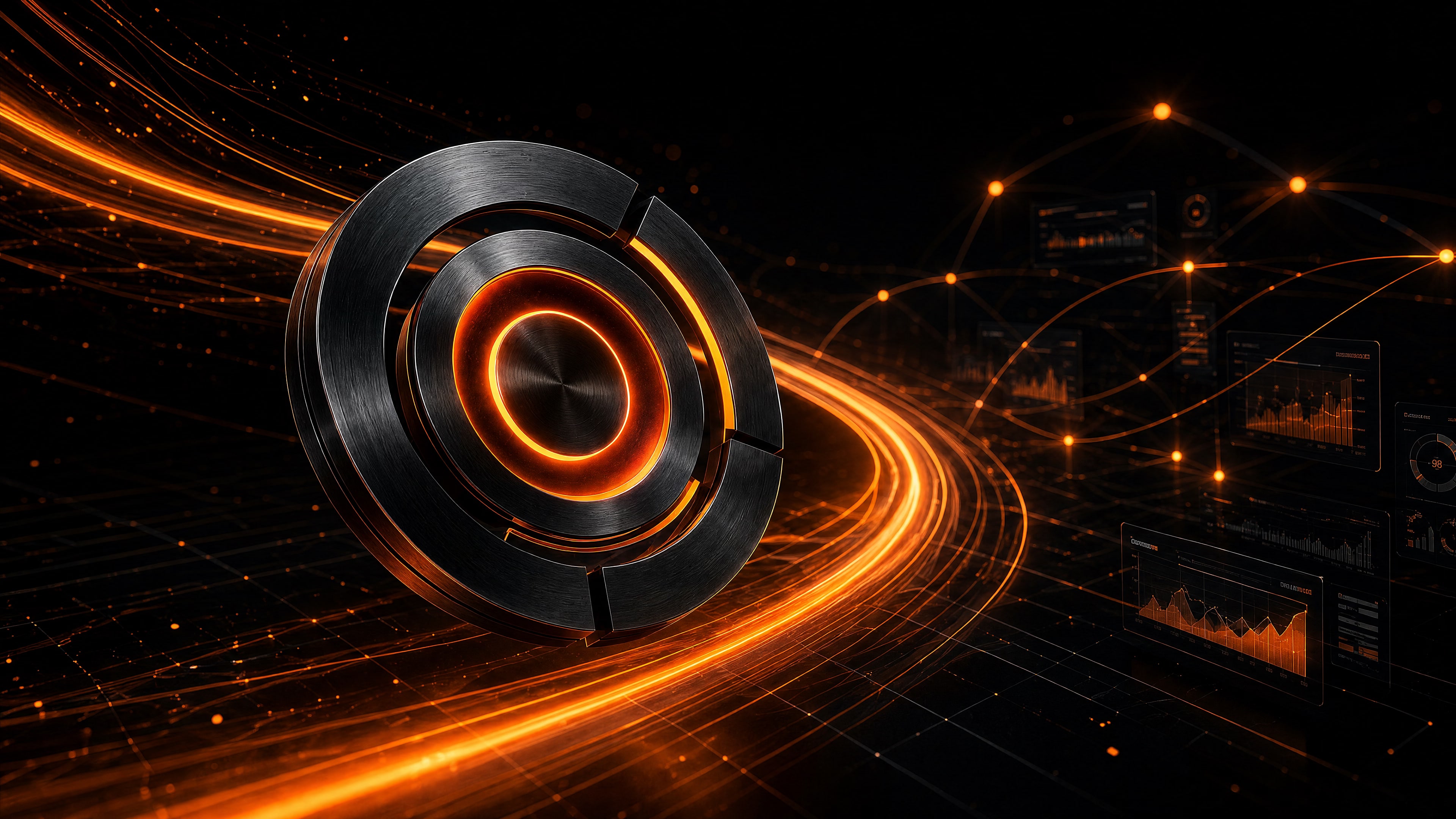 Arc instrument with ember light trails sweeping outward — scaled growth and momentum